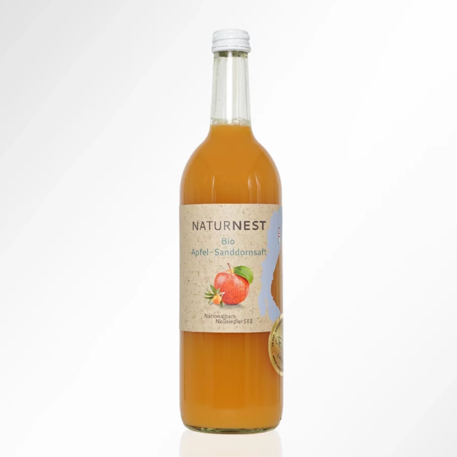 Eine Flasche Apfel Sanddornsaft Bio vom Biohof Naturnest