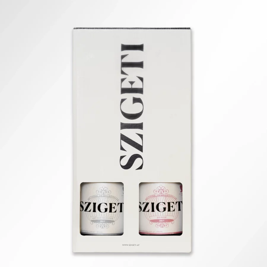 2er Geschenk Set der Sektkellerei Szigeti mit Bio Rosé Brut und Grüner Veltliner Brut, zwei hochwertige Schaumweine in eleganten Flaschen.