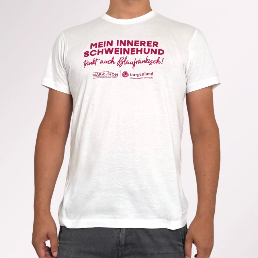 Weißes T-Shirt mit Aufschrift "Mein innerer Schweinehund trinkt auch Blaufränkisch""